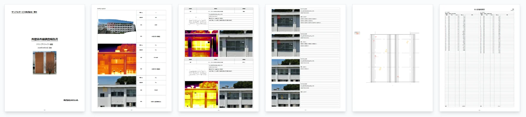 A sample facade thermal inspection report produced by CRITIR — cover, photo ledger, detail sheets, deterioration map, and summary tables