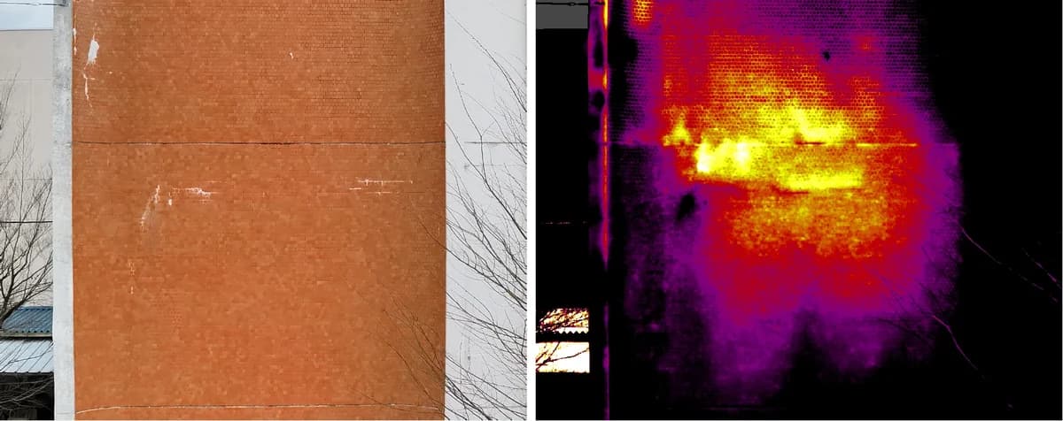 The same tiled wall in a visible image (left) and a thermal image (right). The visible image looks almost uniform, while the thermal image shows a band of warm areas