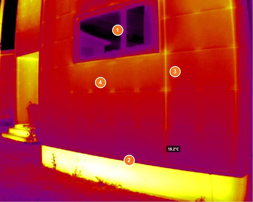 Thermal image of a house with numbered causes of uneven temperature: 1 the window glass, 2 the concrete foundation, 3 a vertical joint in the siding, 4 a row of bright dots