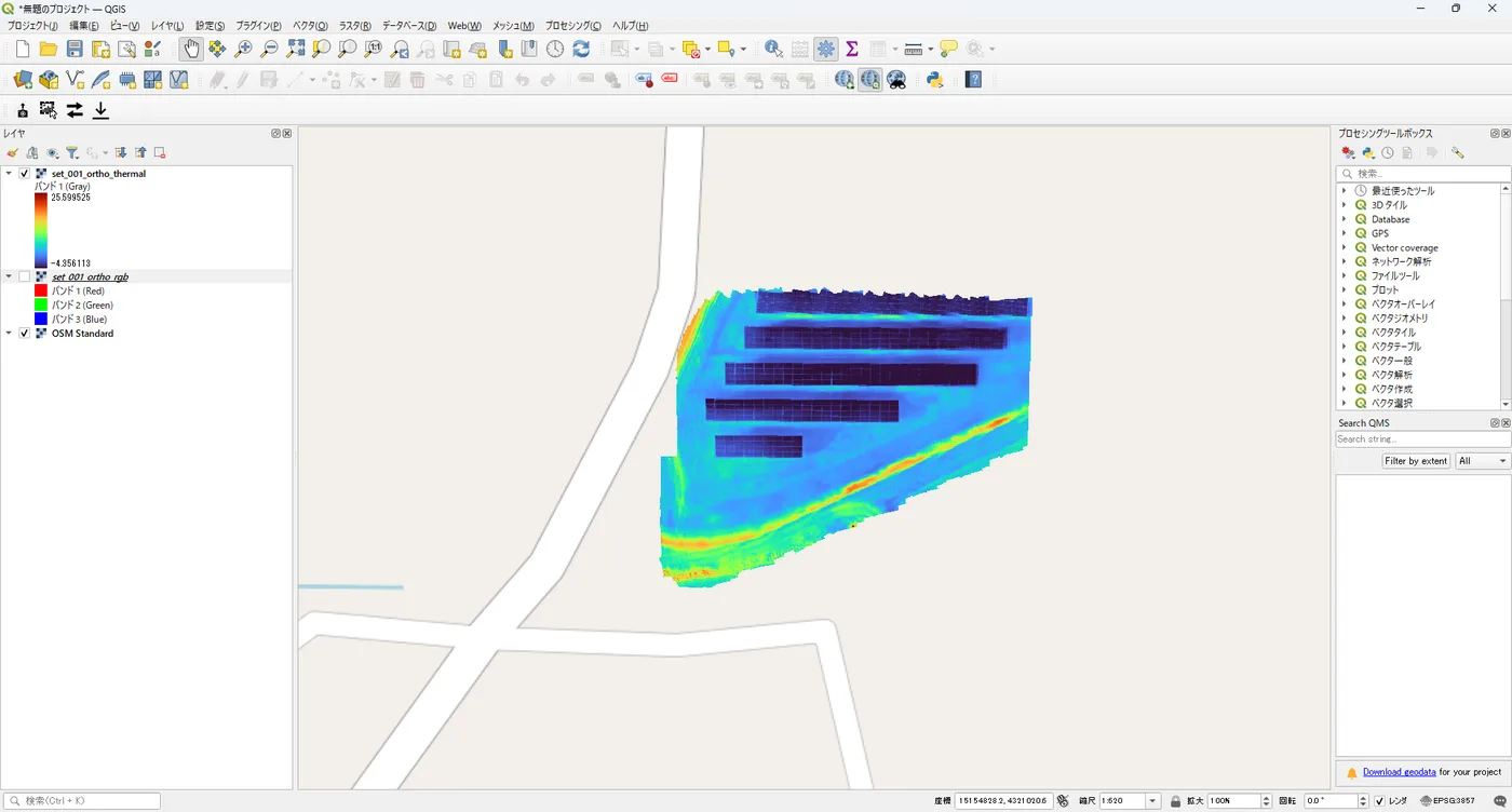 Thermal orthomosaic GeoTIFF loaded into QGIS