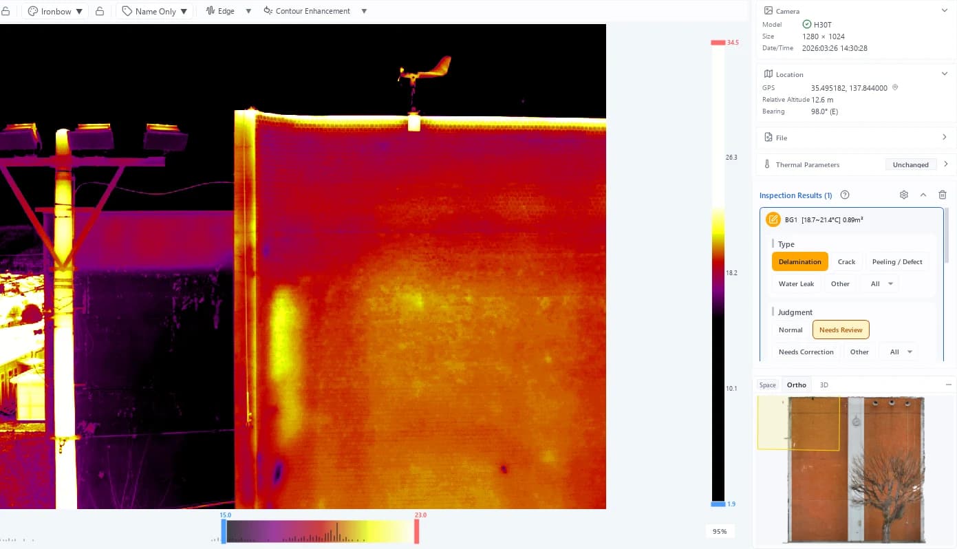 A warm area outlined with a polygon and the inspection results panel