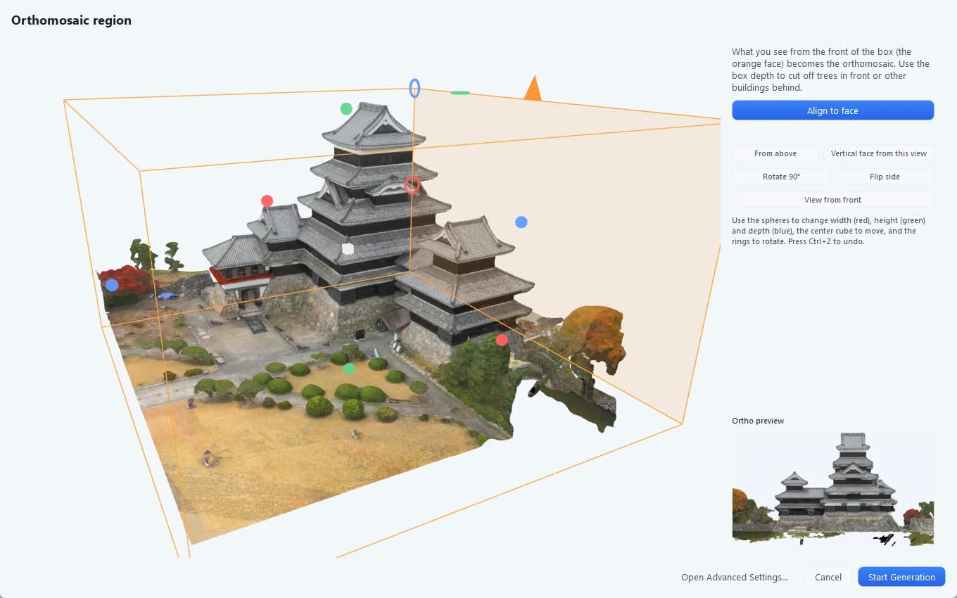 Specifying the orthomosaic region with a box on the 3D model