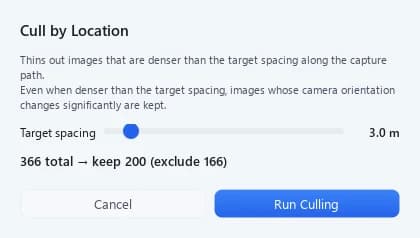 Culling by location dialog