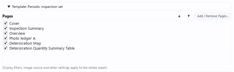Pages list on the report creation screen