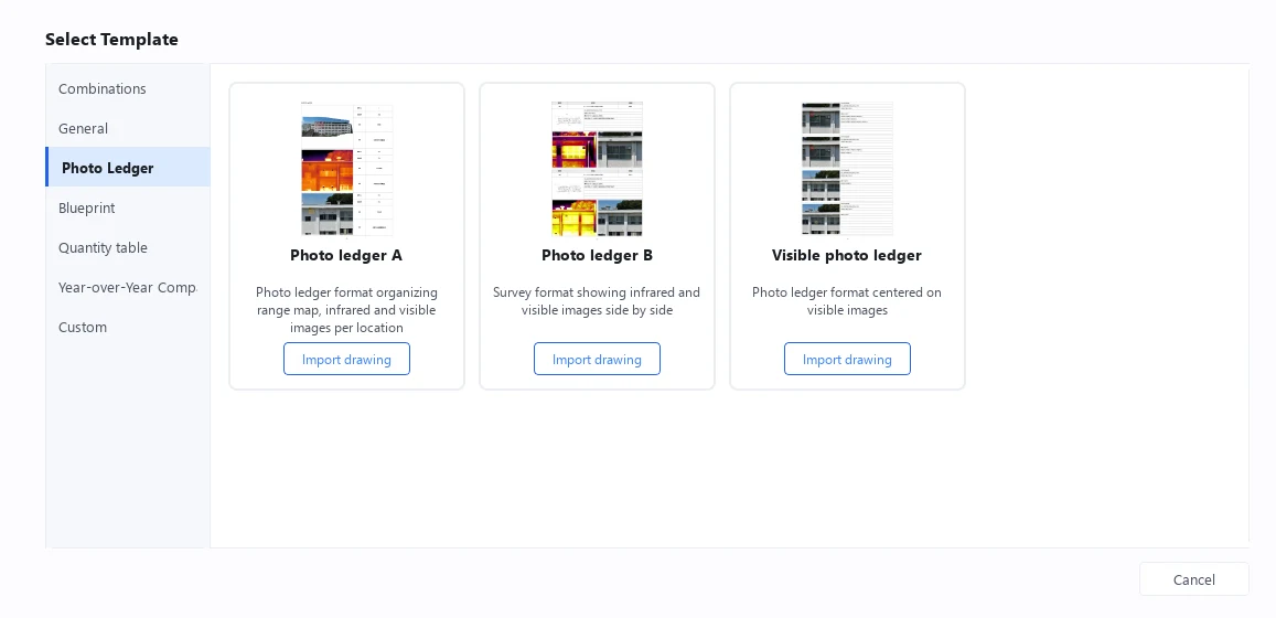 Template selection screen